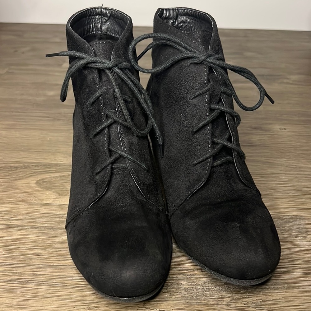 Tiff Collection vegan suede wrapped heel lace up booties
